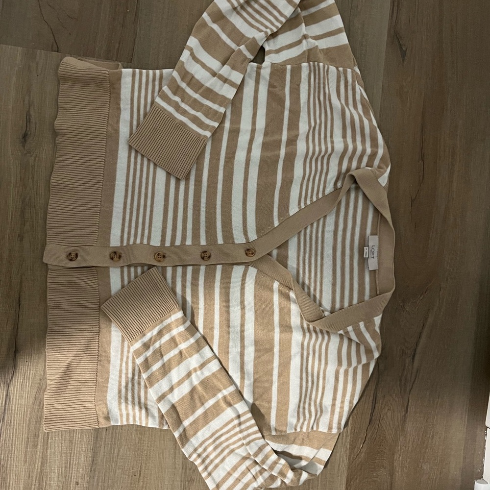 LOFT Tan and White Striped Cardigan